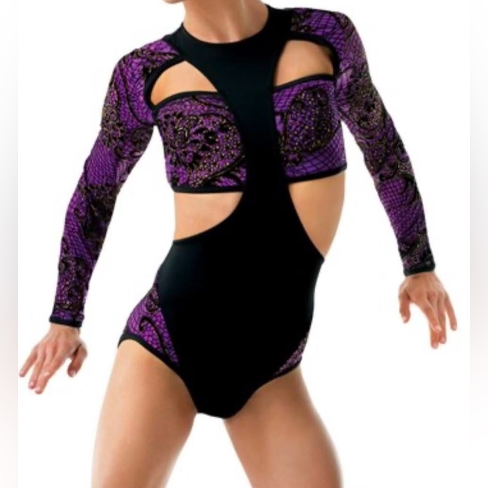 Stunning Unique purple and black glitter-flocked metallic one piece AS Weissman